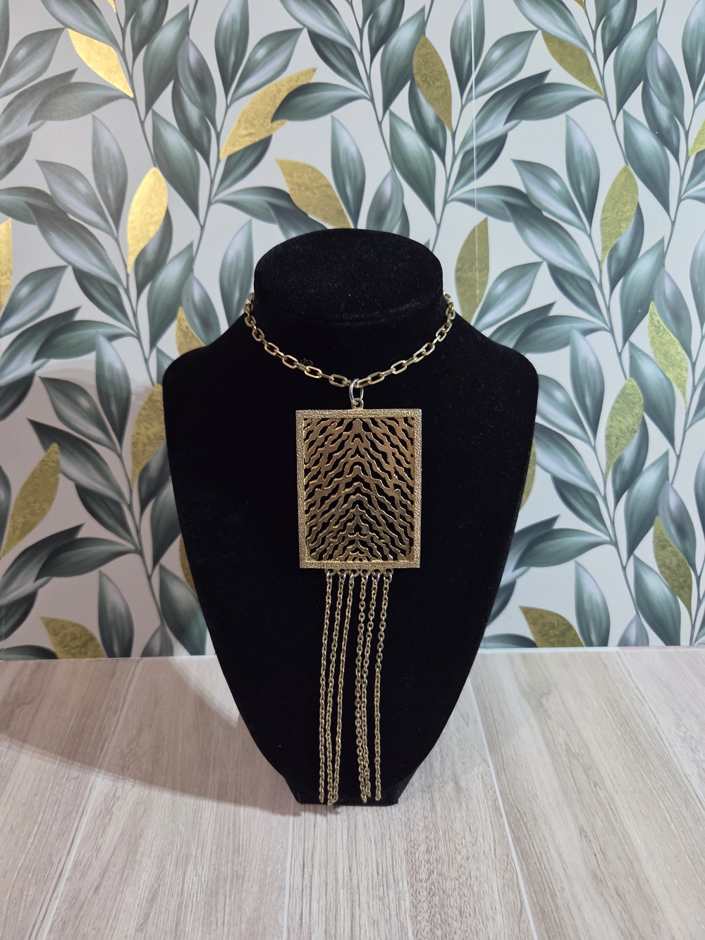 Vintage Gold Tone Brutalist Openwork Chevron Plaque Chain Tassel Necklace 18.5"